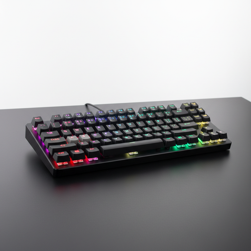Mekanisk gaming-tastatur med RGB-belysning på mørkt skrivebord