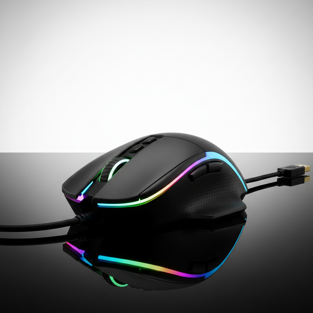 Ergonomisk gaming-mus med RGB-belysning på mørkt skrivebord